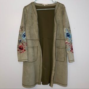 Green Coat with Floral Embroidered Sleeves